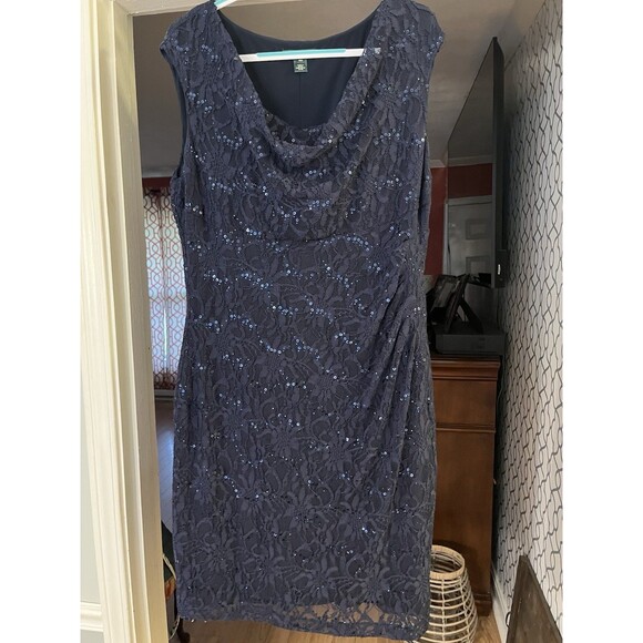 Ralph Lauren Dresses & Skirts - Lauren Ralph Lauren Lace Sequence Ruched Asymmetrical Navy Blue Dress 16W
